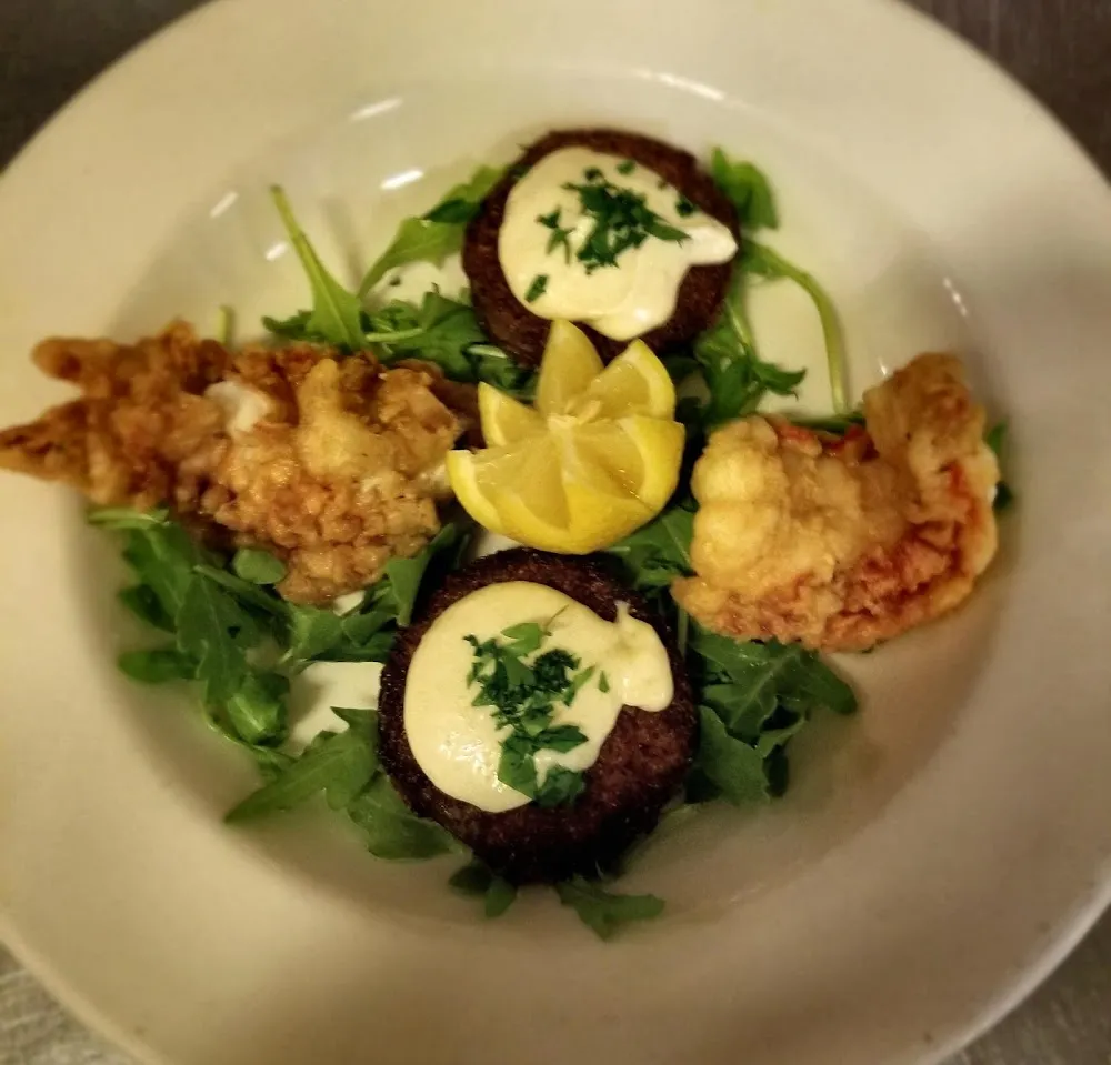 Tempura Lobster Tail Fried Green Tomato with a Lemon Garlic Aoli